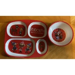 Set Of 2 Rudolph The Red Nose Reindeer Divided Plate‎ And Bowl